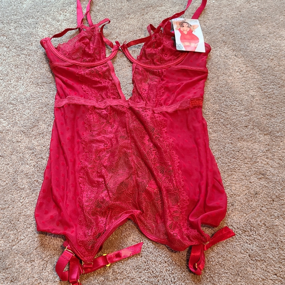 Mesh and lace chemise with garter straps